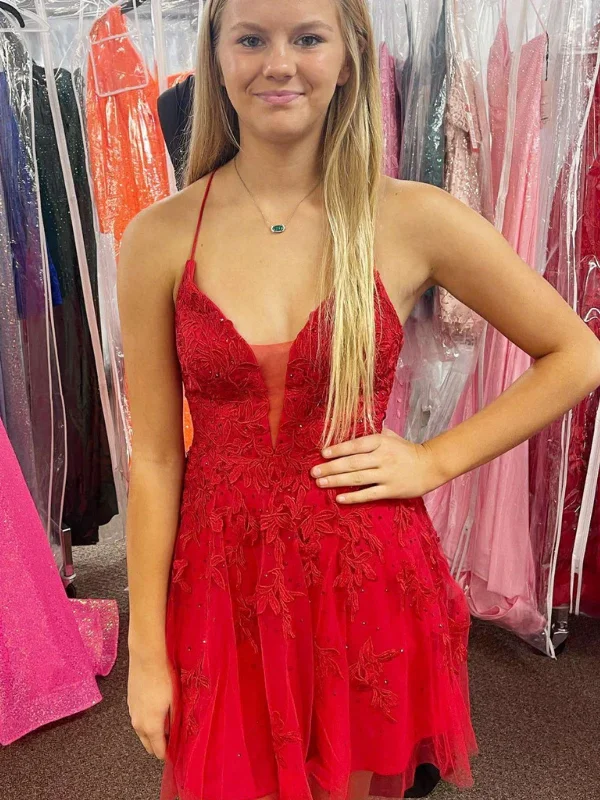 cotton party dressesV Neck Backless Red Lace Prom Dresses, Red Lace Homecoming Dresses, Short Red Formal Evening Dresses SP2488