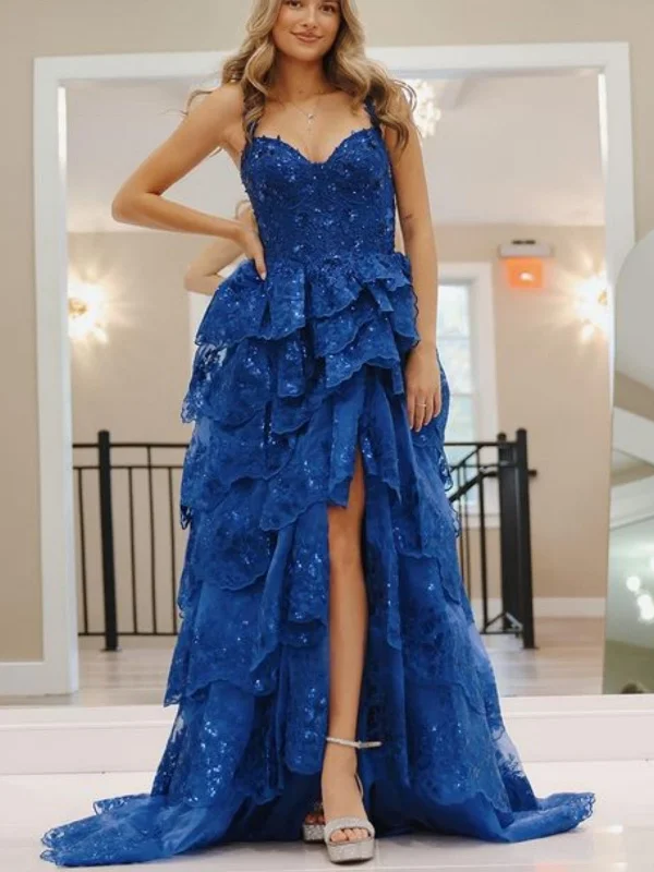 lightweight party dressesOpen Back High Low Layered Blue Lace Long Prom Dresses, Blue Lace Formal Dresses, Blue Evening Dresses SP2869