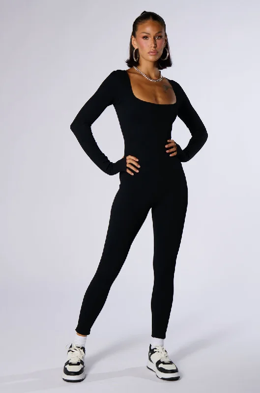 women's long sleeve tops with high-low hemlinesHOT GIRL WALK LONG SLEEVE CATSUIT IN BLACK