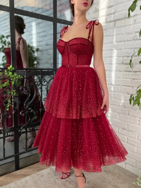 satin party dressesPretty Sweetheart Neck Burgundy Layered Tea Length Prom Dresses, Burgundy Homecoming Dresses, Formal Evening Dresses SP2665