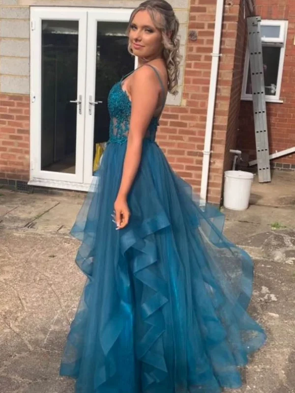 lightweight party dressesV Neck Fluffy Blue Lace Long Prom Dresses, Blue Lace Formal Dresses, Blue Evening Dresses SP2660