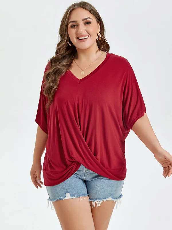 women's T-shirts with wrinkle-resistant materialCrisscross Wrap V-Neck Batwing Sleeve Tee