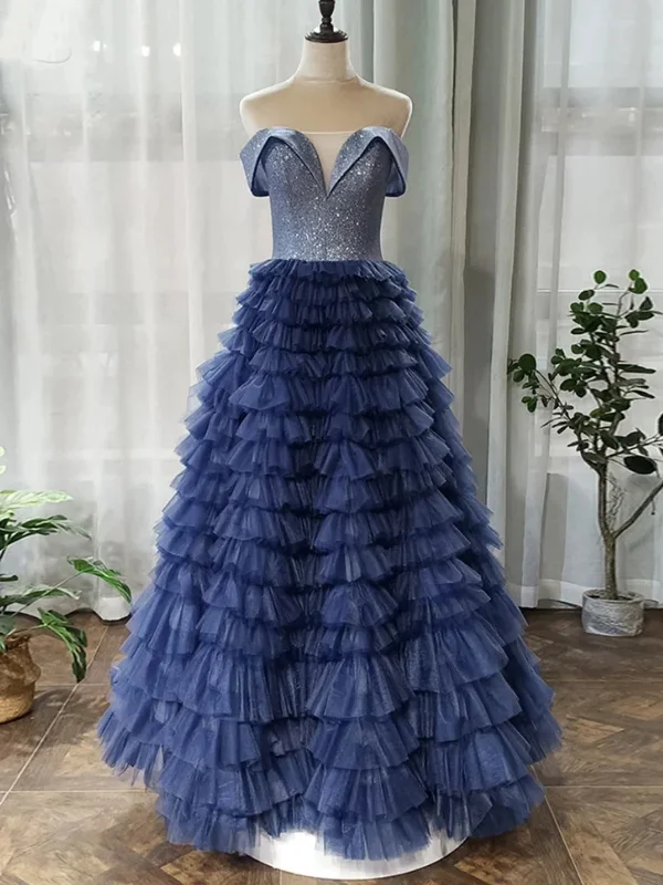 spaghetti-strap party dressesOff Shoulder Sequins Top Navy Blue Long Prom Dresses, Navy Blue Formal Evening Dresses, Off the Shoulder Ball Gown SP2800