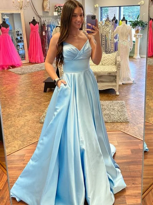 lace party dressesOpen Back V Neck Blue Long Prom Dresses with Pocket, V Neck Blue Formal Dresses, Blue Evening Dresses SP2702