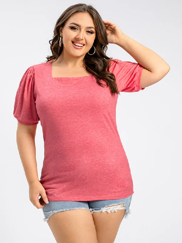 women's T-shirts with moisture-wicking fabricPlus Pink Square Neck Puff Sleeve Tee