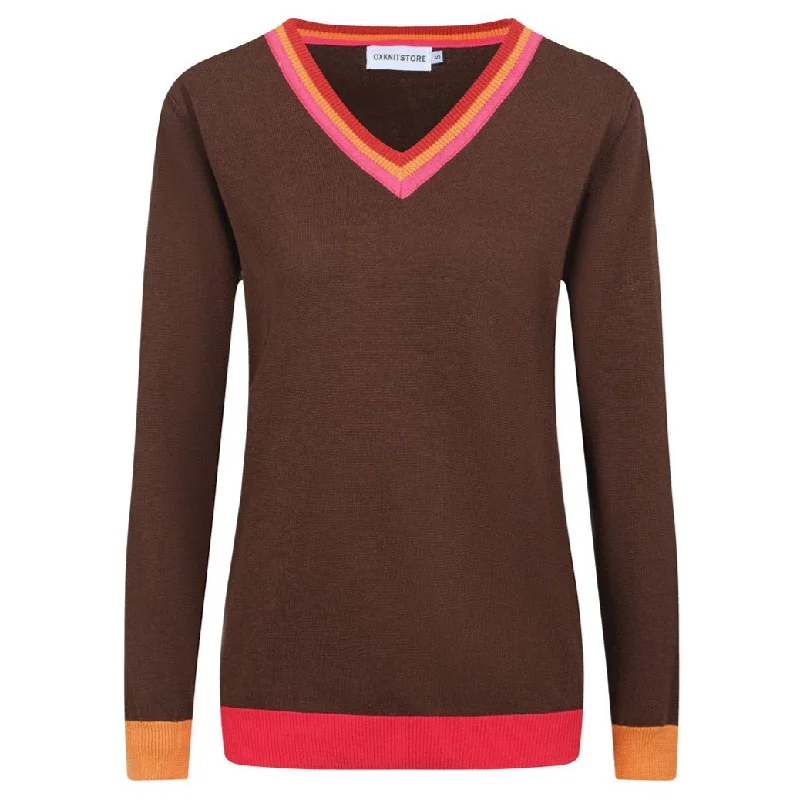 women's long sleeve tops with short torso lengthsWomen V-Neck Brown Long Sleeves Knitwear