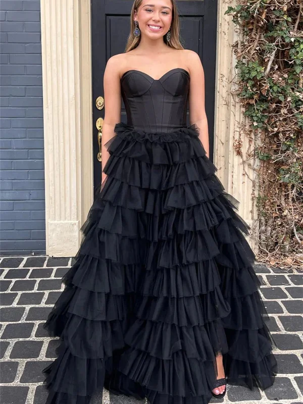 flowy party dressesSweetheart Neck Strapless Black Ruffle Tulle Long Prom Dresses, Black Formal Evening Dresses, Ball Gown SP2816