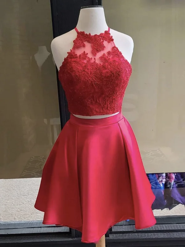 tulle party dressesTwo Pieces Red Lace Short Prom Dresses, 2 Pieces Red Homecoming Dresses, Red Lace Formal Graduation Evening Dresses SP2100