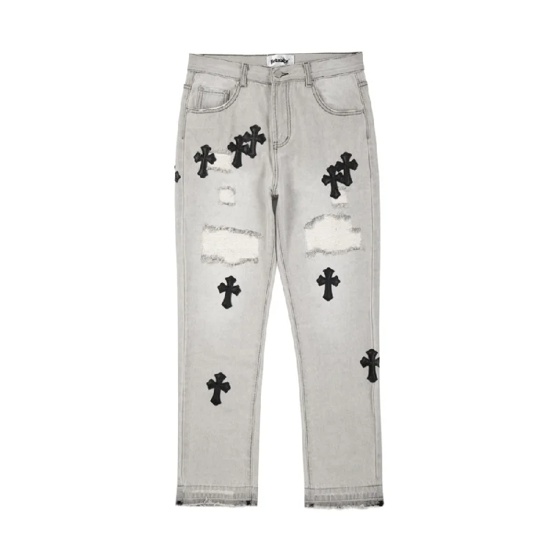 women's denim jeans for a stylish outfitAmerican Cross Embroidery Pre-Made Hole Jeans