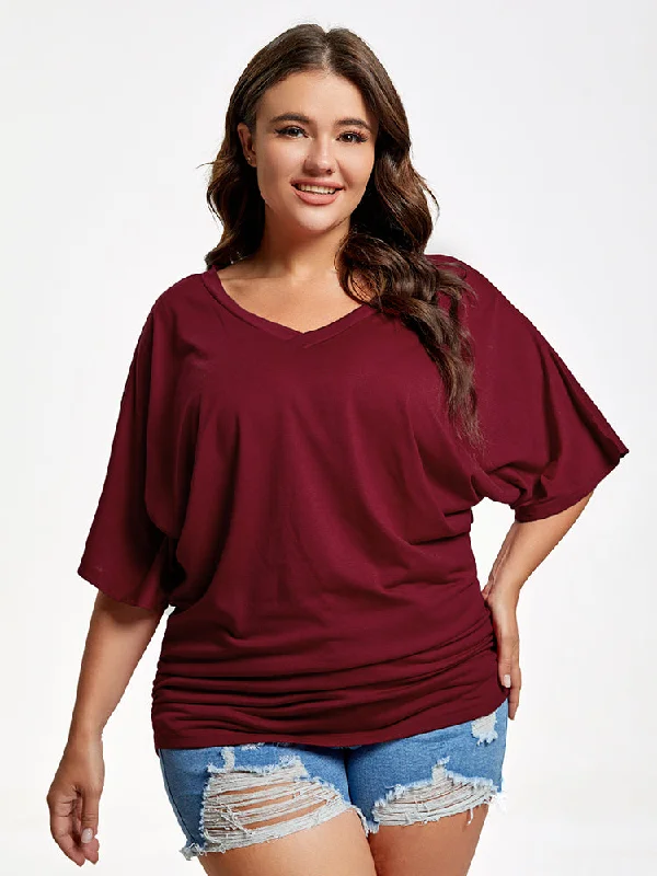 women's T-shirts with tie-dye patternsPlus Plain Ruched Batwing Sleeve Tee