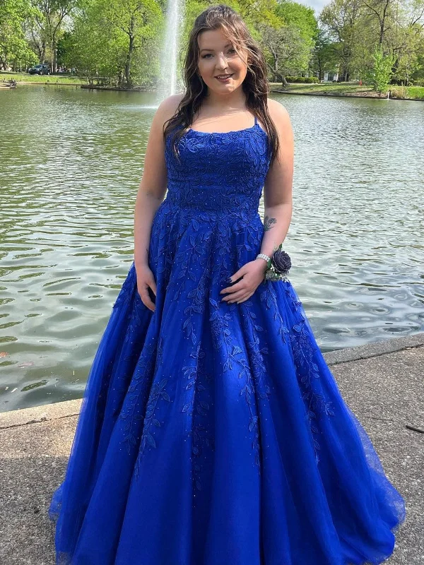 stretchy party dressesOpen Back Beaded Royal Blue Lace Long Prom Dresses, Royal Blue Lace Formal Evening Dresses, Royal Blue Ball Gown SP2805