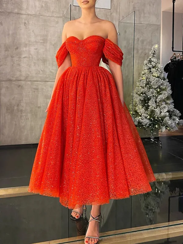 off-the-shoulder party dressesShiny Tulle Off Shoulder Red Tea Length Prom Dresses, Off the Shoulder Red Homecoming Dresses, Red Formal Evening Dresses SP2537