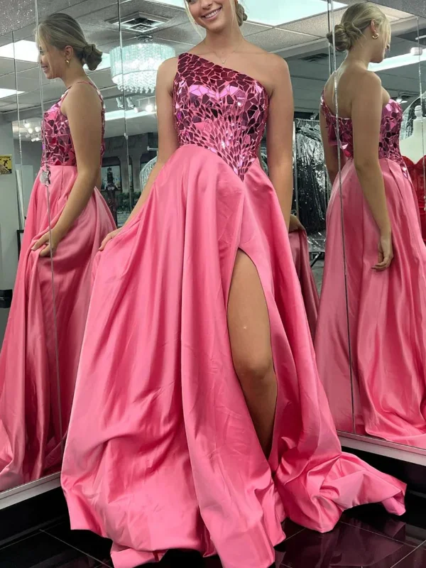 bohemian party dressesOne Shoulder Mirror Sequins Pink Long Prom Dresses with High Slit, One Shoulder Pink Formal Graduation Evening Dresses SP2773