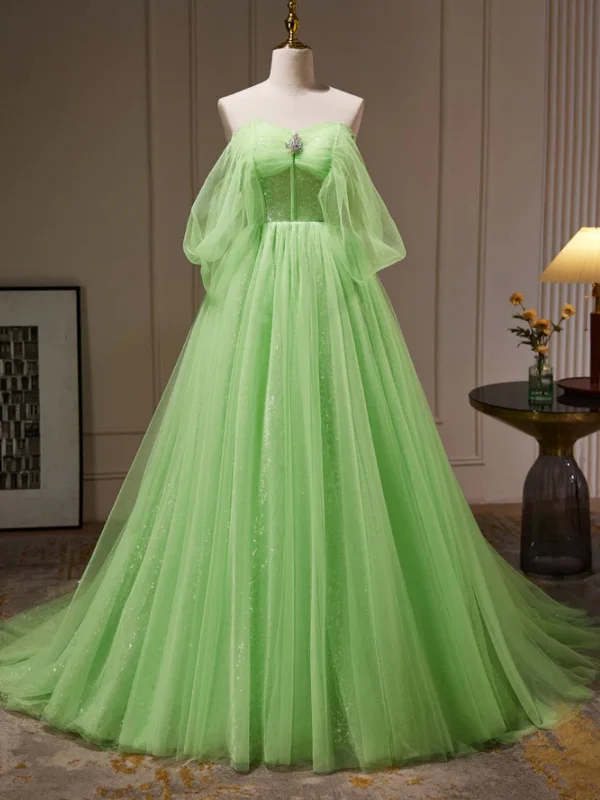 flowy party dressesElegant Off Shoulder Green Tulle Long Prom Dresses, Off the Shoulder Formal Dresses, Green Evening Dresses SP2741