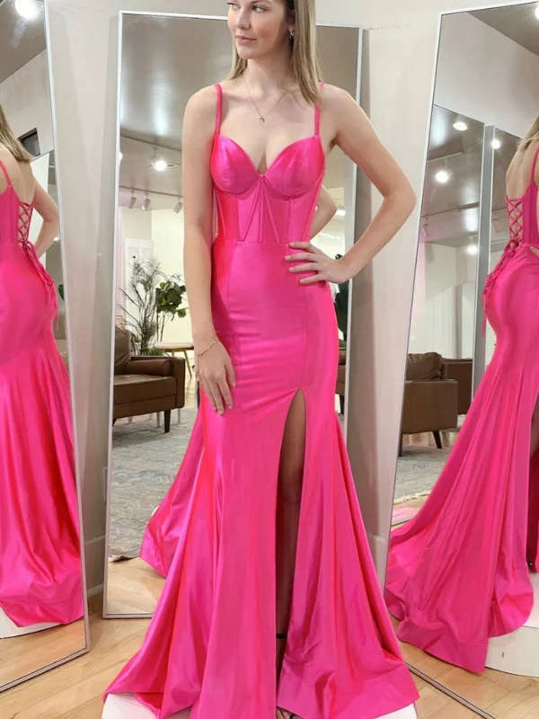 illusion-sleeve party dressesMermaid Hot Pink Satin Long Prom Dresses with High Slit, Long Hot Pink Formal Graduation Evening Dresses SP2854