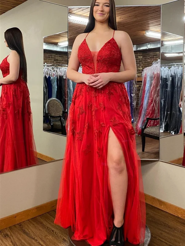 lace-up party dressesV Neck Open Back Red Lace Long Prom Dresses with High Slit, Red Lace Formal Dresses, Red Evening Dresses SP2848