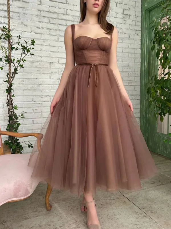 prom party dressesTea Length Brown Tulle Prom Homecoming Dresses, Brown Formal Graduation Evening Dresses SP2481