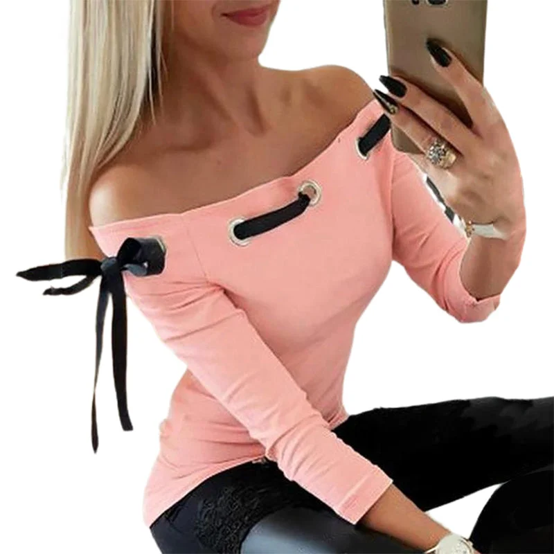 women's long sleeve tops with lace detailsJulia Fashion - Women Casual Off Shoulder Long Sleeve Blouses