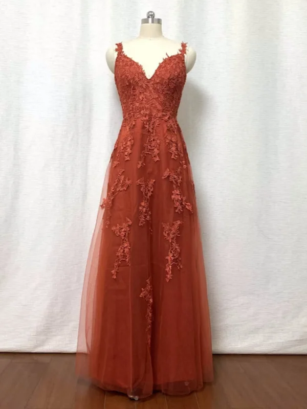 prom party dressesV Neck Open Back Orange Lace Long Prom Dresses, Orange Lace Formal Dresses, Orange Tulle Evening Dresses SP2729