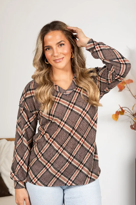 women's long sleeve tops for cocktail partiesMocha And Rust Plaid Long Sleeve Knit Top