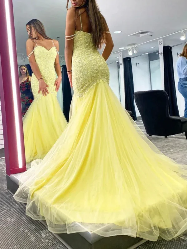 affordable party dressesMermaid Yellow Lace Long Prom Dresses, Mermaid Yellow Formal Dresses, Yellow Lace Evening Dresses SP2865