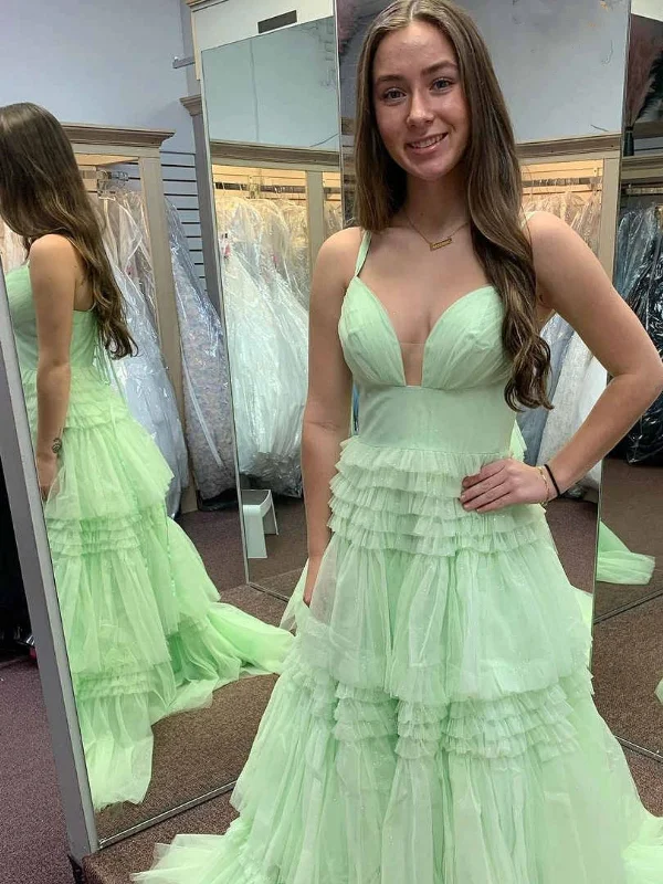 black-tie party dressesV Neck Open Back Green Layered Long Prom Dresses, V Neck Green Formal Dress, Green Evening Dress SP2840