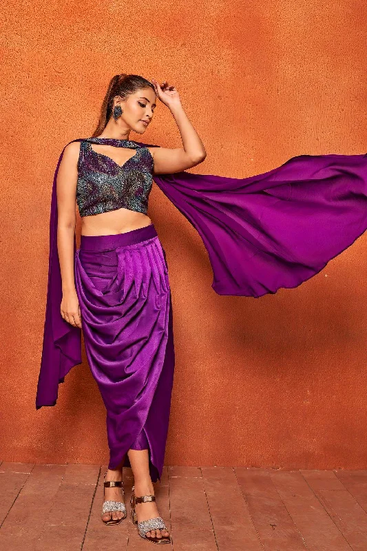 women's retro denim skirtsPurple Geometric Print Dhoti Skirt Crop Top Dupatta Co-ord Set