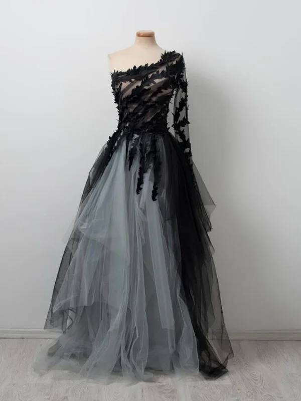 silk party dressesOne Shoulder Long Sleeves Black Lace Gray Long Prom Dresses, Black Lace Formal Dresses, Gray Evening Dresses SP2837