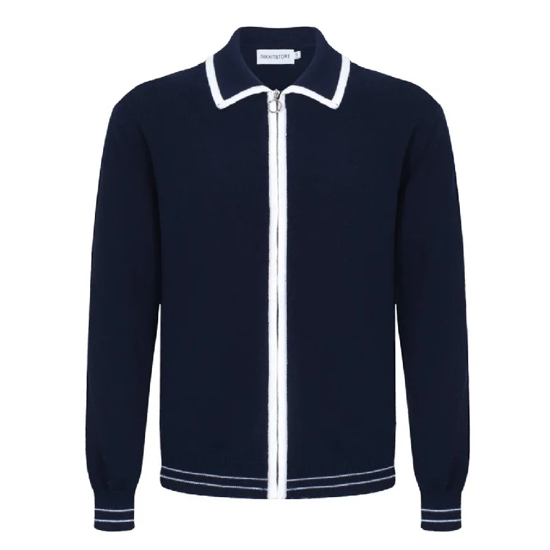 women's long sleeve tops with retro patternsMen's Navy Blue Long Sleeve Zip Knitted Cardigan With White Line