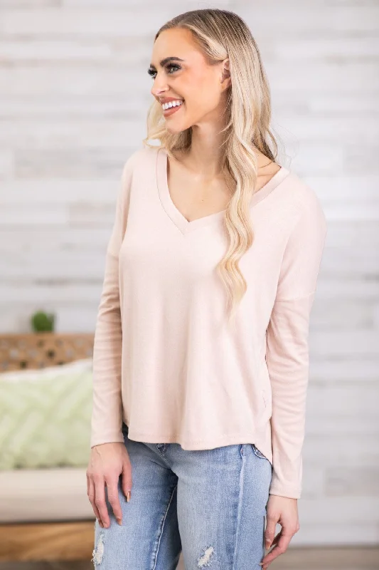 women's long sleeve tops with exclusive collaborationsBeige V-Neck Long Sleeve Top