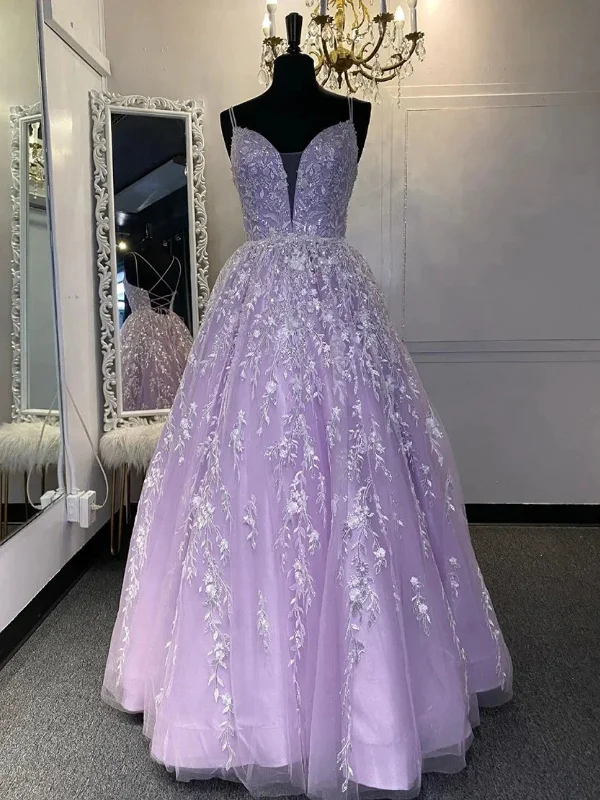 mother-of-the-bride party dressesV Neck Open Back Purple Lace Prom Dresses Long, Purple Lace Formal Dresses, Long Purple Evening Dresses SP2664