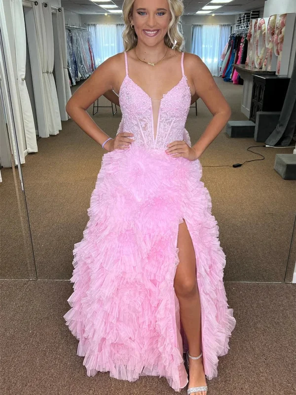 striped party dressesV Neck Pink Lace Long Prom Dresses with High Slit, Pink Lace Formal Dresses, Pink Ruffle Evening Dresses SP2813