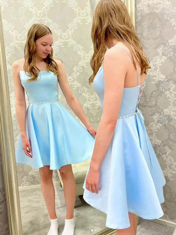 high-low party dressesOpen Back Light Blue Short Prom Homecoming Dresses with Belt, Light Blue Formal Graduation Evening Dresses SP2445