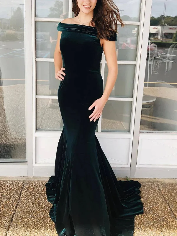 statement-making party dressesOff Shoulder Mermaid Dark Green Velvet Long Prom Dresses, Mermaid Dark Green Formal Graduation Evening Dresses SP2811