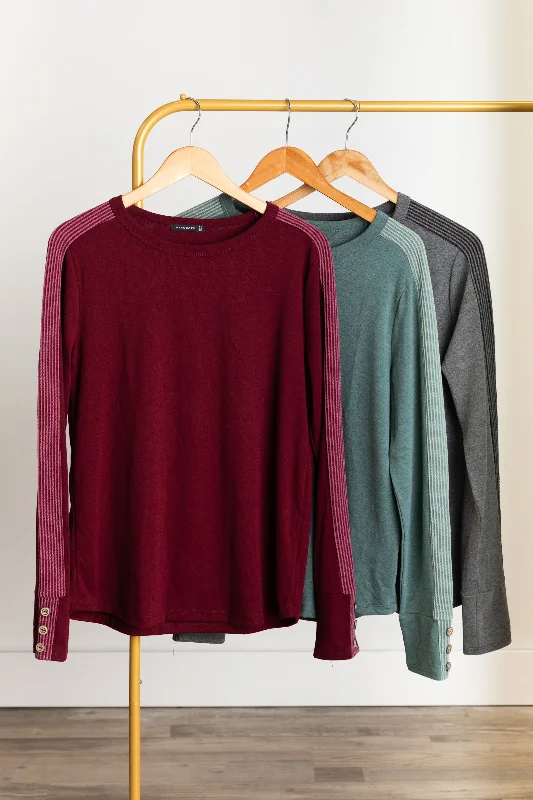 women's long sleeve tops with rufflesSolid Long Sleeve Button Cuff Detail Knit Top