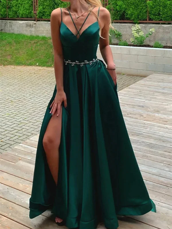 birthday party dressesA Line V Neck Open Back Green Long Prom Dresses with High Slit, Long Green Formal Graduation Evening Dresses SP2836