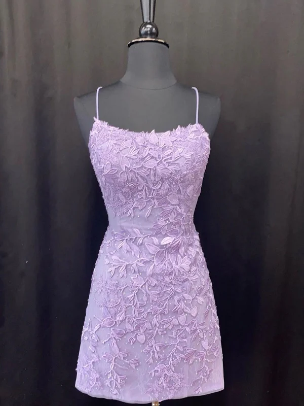 striped party dressesOpen Back Purple Lace Short Prom Dresses, Backless Purple Homecoming Dresses, Purple Lace Formal Evening Dresses SP2415