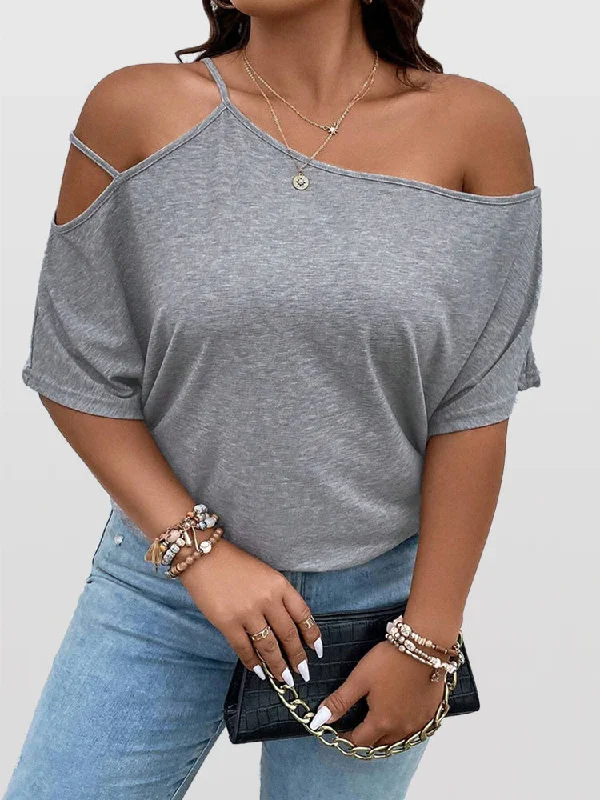 women's T-shirts with cold-shoulder cutsAsymmetrical Neck Batwing Sleeve Cut Out Tee