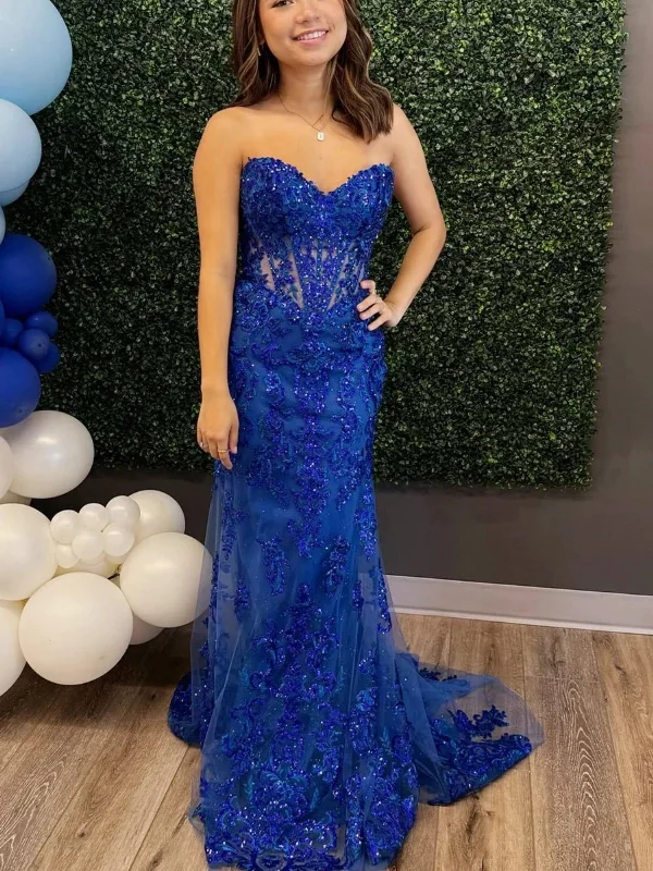 homecoming party dressesStrapless Mermaid Blue Lace Sequins Long Prom Dresses, Mermaid Blue Formal Dresses, Blue Lace Evening Dresses SP2828