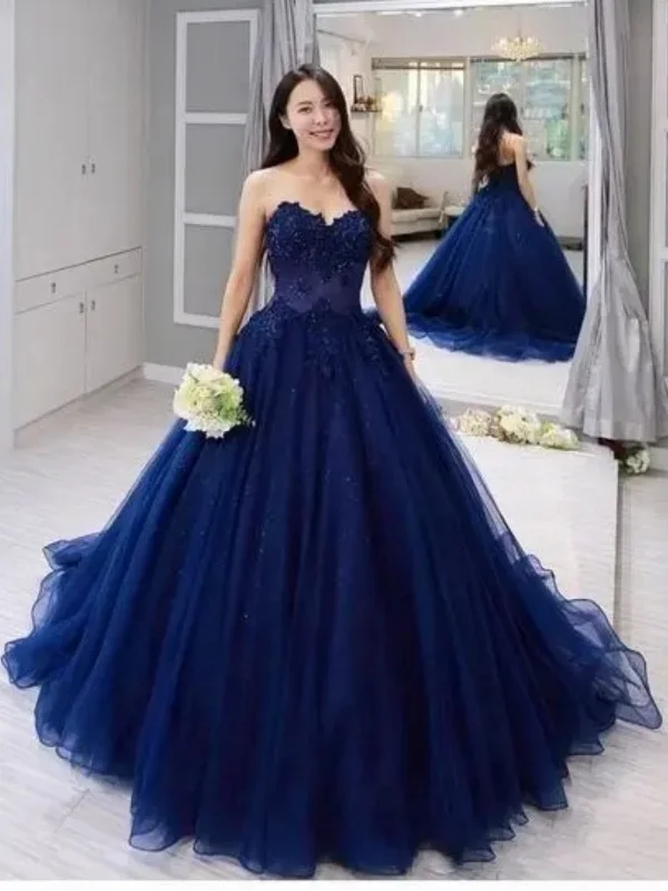 pool party dressesStrapless Navy Blue Lace Long Prom Dresses, Navy Blue Lace Formal Evening Dresses, Ball Gown SP2824