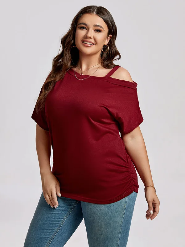 women's T-shirts with personalized messagesPlus Wine Red Cold Shoulder Batwing Sleeve Ruched Tee