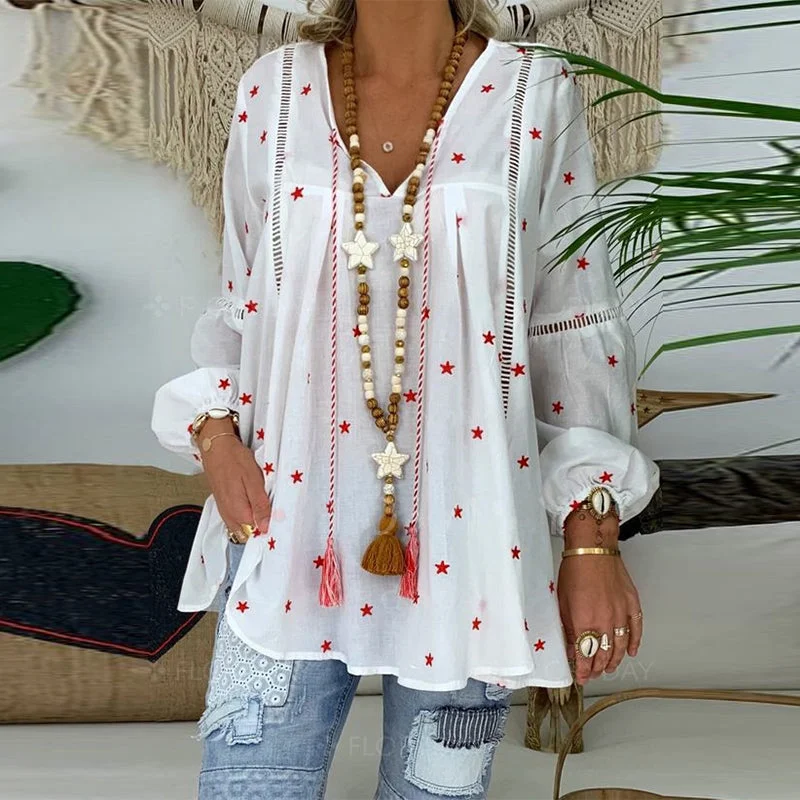 women's long sleeve tops with bleach-splatter designsJuliaFashion - 2024 Women Casual Lantern Long Sleeve Hollow Out Female Tunic