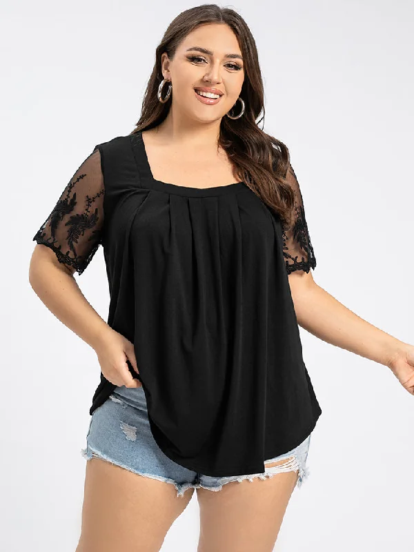 women's T-shirts with sustainable productionPlus Black Lace Patchwork Square Neck Ruched Tee