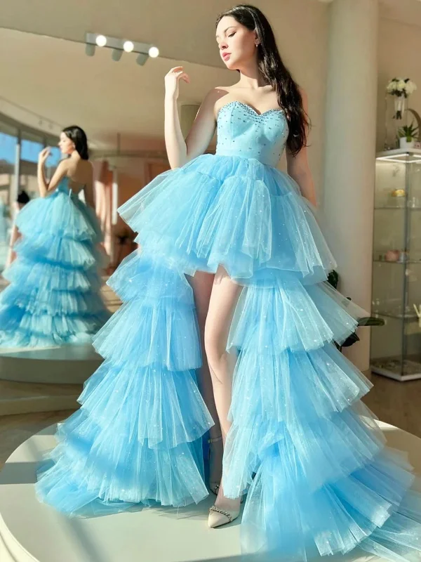 tall party dressesOpen Back Strapless Beaded High Low Blue Tulle Long Prom Dresses, Light Blue Formal Dresses, High Low Blue Evening Dresses SP2793