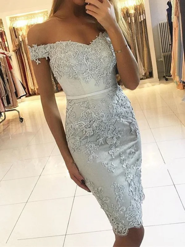 glam party dressesOff Shoulder Mermaid Blue Lace Prom Dresses, Mermaid Blue Homecoming Dresses, Short Blue Formal Evening Dresses SP2419