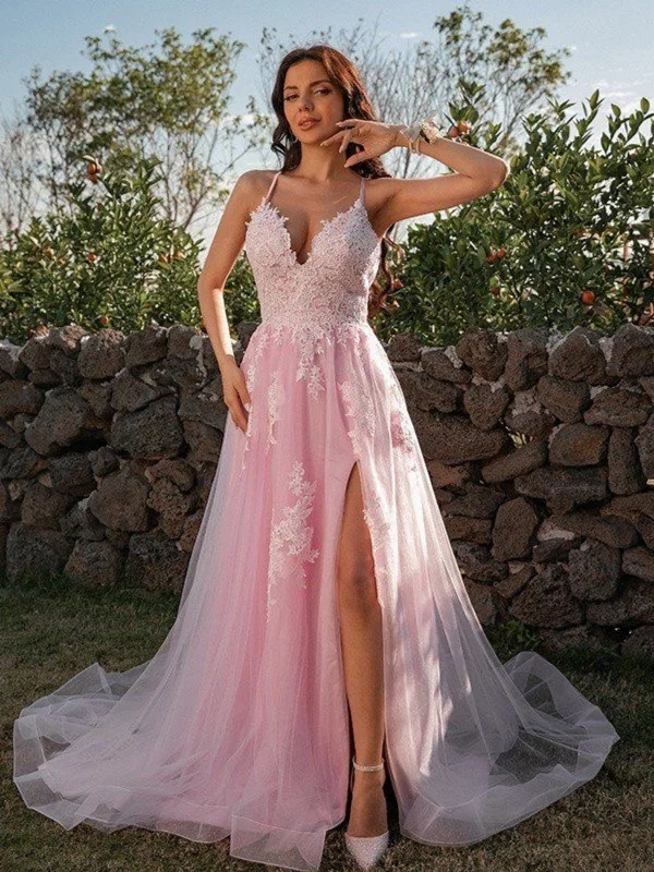 ready-to-wear party dressesV Neck Open Back Pink Lace Long Prom Dresses, Pink Lace Formal Dresses with High Slit, Pink Evening Dresses SP2670