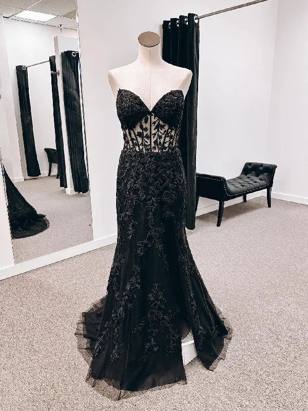 bachelorette party dressesStrapless Mermaid Black Lace Long Prom Dresses with High Slit, Black Lace Formal Dresses, Black Evening Dresses SP2683