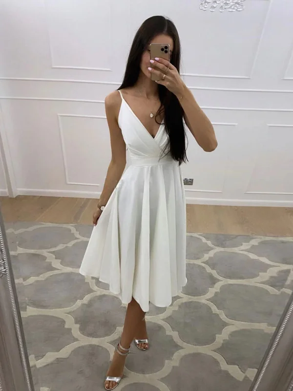 maximalist party dressesV Neck White Short Prom Homecoming Dresses, V Neck Ivory Formal Graduation Evening Dresses SP2416