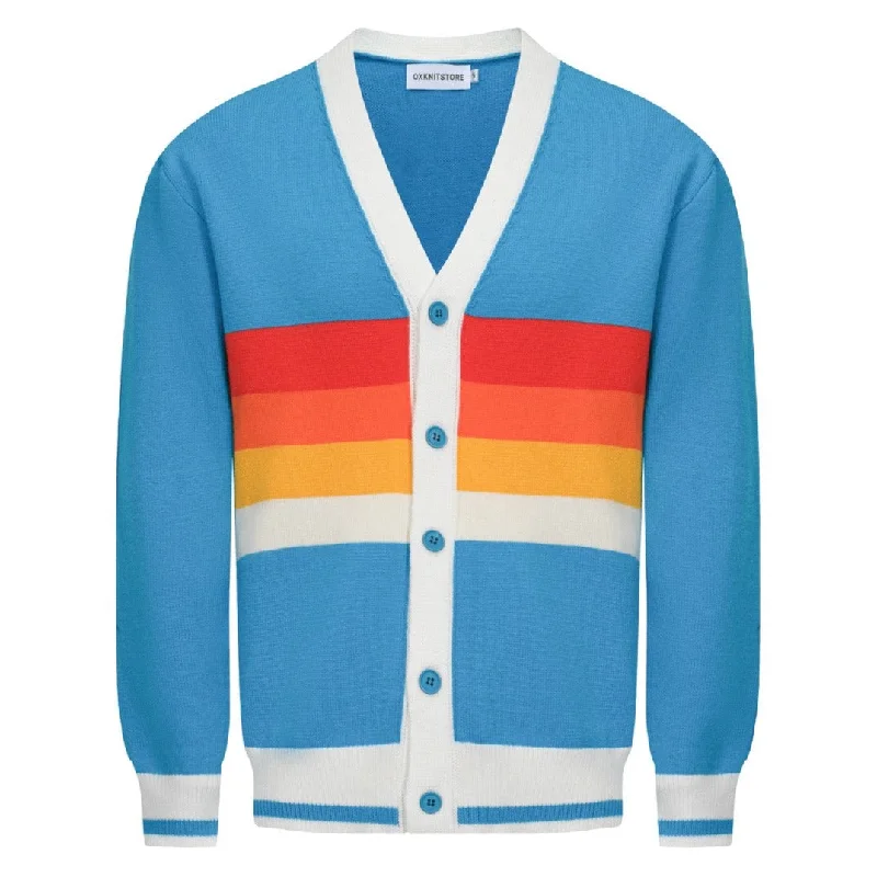 women's long sleeve tops with curvy cutsMen's Rainbow Chest Stripes Knitted Long Sleeves Sky Blue Cardigan