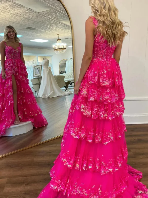 breathable party dressesHot Pink Lace Floral Long Prom Dresses with High Split, Layered Hot Pink Lace Formal Graduation Evening Dresses SP2868